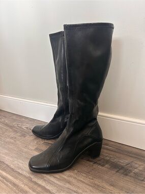Boots Black Leather Knee-High Heeled Boots